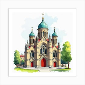 Watercolor Scene Of The Westminster Cathedral, Highlighting Its Byzantine Architecture And Vibrant Colors Art Print