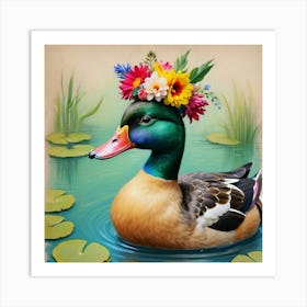 Duck With Flowers 2 Art Print