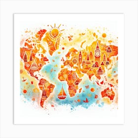 Inviting and Adventurous - Watercolor Painting of a World Map with Summer Style Art Print