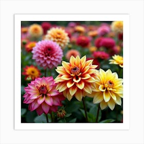 A Vibrant Garden Of Dahlias With Large, Colorful Blooms 1 Art Print