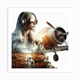 Woman With Headphones In Front Of An Airplane Art Print