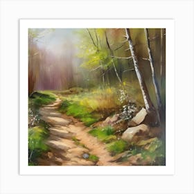 Path In The Woods.A dirt footpath in the forest. Spring season. Wild grasses on both ends of the path. Scattered rocks. Oil colors.22 Art Print