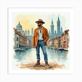 Stylish Man In Watercolor Outfit, Enchanting Cityscape 1 Art Print