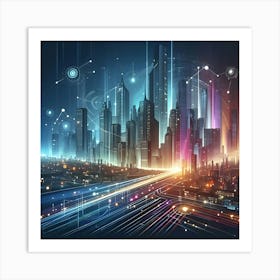 An Illustration Of A City At Night With Bright, Colorful Lights And A Modern Look 3 Art Print