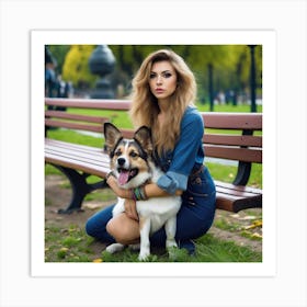 Beautiful Woman With Dog In Park Art Print