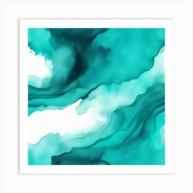 Beautiful teal cyan abstract background. Drawn, hand-painted aquarelle. Wet watercolor pattern. Artistic background with copy space for design. Vivid web banner. Liquid, flow, fluid effect. Art Print