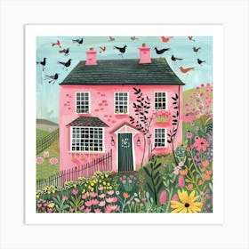 Pink House With Birds Art Print