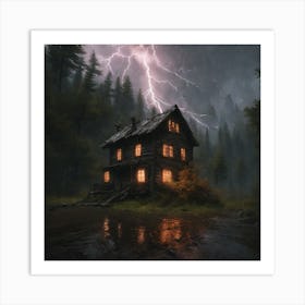 An Abandoned House In The Midst Of A Dark Forest With Eerie Rainy Weather And The Predominant Col (1) Art Print