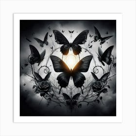 Black Butterflies And Roses Art Print