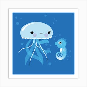 Best Friends Kawaii Jellyfish And Seahorse Square Art Print