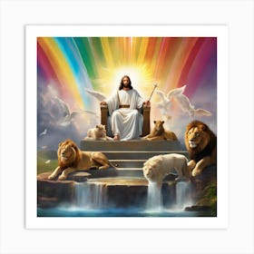 Jesus On Throne In Heaven Rainbow Sky and Animals Art Print