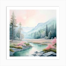 Watercolor Landscape Minimalist With Shades Of Blush Pink Pale Blue And Mint Green Art Print