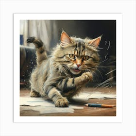 Cat Playing With A Pencil Art Print