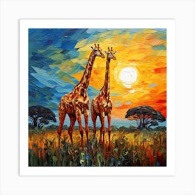 Giraffes At Sunset 2 Art Print