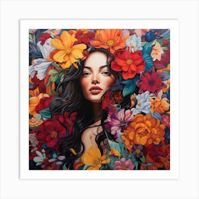 Woman Surrounded By Flowers Art Print