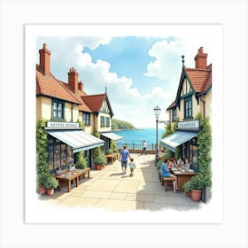 A Watercolor Of An English Seaside Village With People Exploring Quaint Shops And Enjoying Fresh Seafood 1 Art Print