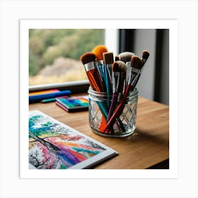 Watercolor Brushes On A Desk Art Print