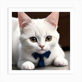 White Cat With Blue Tie Art Print