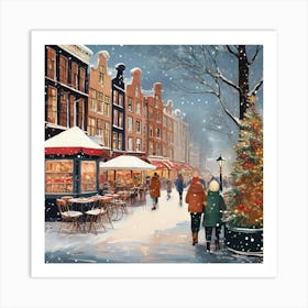 Amsterdam cafes, winter season, Christmas, pale colors, pedestrians in the street, winter clothes, falling snow.19 Art Print