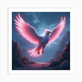 A Mythical Griffin With Feathers Of Shimmering, Neon Light Soaring Through A Magical Landscape Art Print