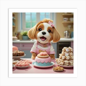 Puppy Bakes Cookies Art Print