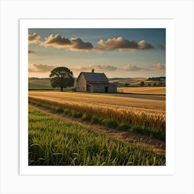 A Rolling Countryside With Golden Wheat Fields And A Quaint Farmhouse In The Distance (2) Art Print