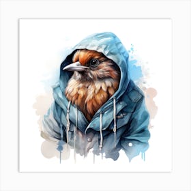 Watercolour Cartoon Sparrow In A Hoodie Art Print