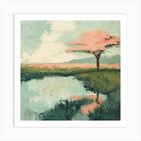 Pink Tree By The Pond Art Print