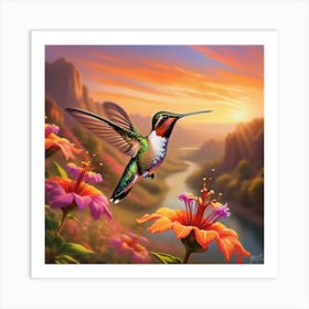 A Ruby Throated Hummingbird Wings In High Speed Motion Hovers Above A Vibrant Array Of Bewildering 413054471 Art Print