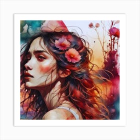 Watercolor Of A Girl With Flowers Art Print