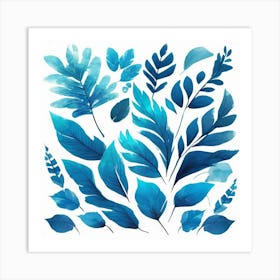 Blue Watercolor Leaves 1 Art Print