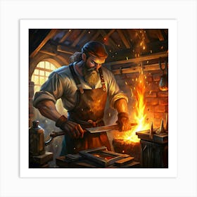 A Strong Blacksmith Works On Metal In His Workshop Art Print