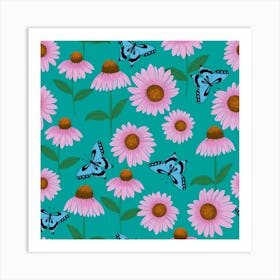 Purple Coneflower Teal Art Print