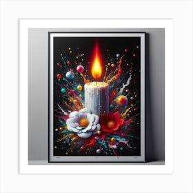A lit candle inside a picture frame surrounded by flowers 1 Art Print