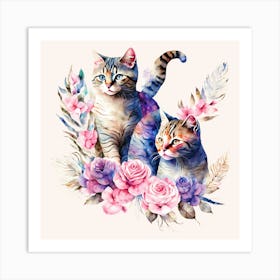 Watercolor Cats With Roses Art Print