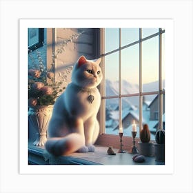 High Resolution 3d Image Of An Elegant Cat Sitting On The Windowsill Art Print