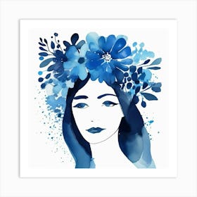 woman portrait with blue watercolour flora crown  Art Print