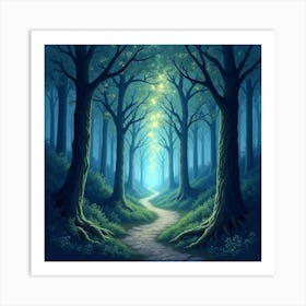 Enchanted Forest With Glowing Trees, Watercolor Style 1 Art Print