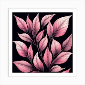 Pink Leaves On Black Background 1 Art Print