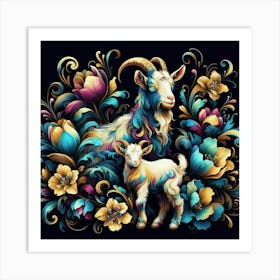 Goat And Flowers 4 Art Print