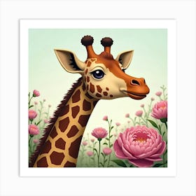 Giraffe With Blooming Peonies 1 Art Print