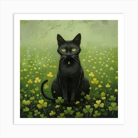 Black Cat In Shamrocks 2 Art Print