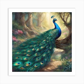 Peacock In The Forest Art Print