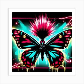 A Flashy Butterfly With A Neon Mohawk, Inspired By The Street Art Of Banksy, With A Bold Black And Neon Color Scheme, Where The Butterfly Is In Focus And The Background Is Blurred Into Neon Shapes, Framed With Abstract Brush Strokes (4) Art Print