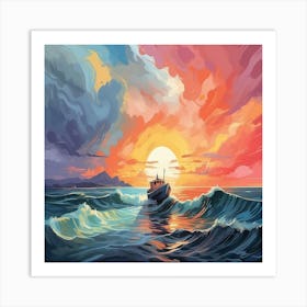 Sunset Boat In The Sea Art Print