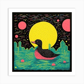 Duckling Linocut Style At Night 2 Art Print