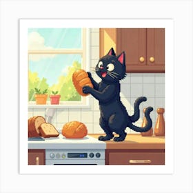 Black Cat In A Kitchen Art Print Funny Cat (2) Art Print