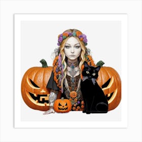 Halloween Girl With Black Cat Art Print