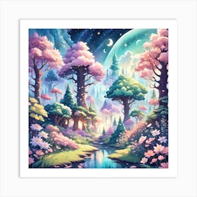 A Fantasy Forest With Twinkling Stars In Pastel Tone Square Composition 389 Art Print