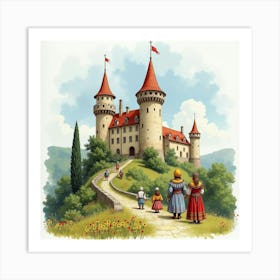 English Castle Backdrop With Romanian Folklore Characters, Watercolor Style 1 Art Print